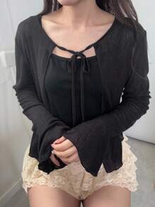 2pcs Women Tight Camisole & Sheer Cardigan Set, Solid Color Cute Top, Autumn Vacation Lounge Sets For Women - Black - View 4