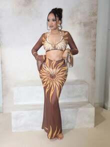 Melissa Matos 极度镂空图案太阳印花修身长袖超长连衣裙罩衫春夏季度假性感波西米亚风伊比沙岛节日海滩泳装 - 彩色 - 查看 4