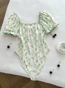 Flirla 加大码甜心领罗纹前系带短袖紧身衣，度假装 - 綠色 - 查看 2