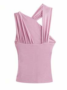 SHEIN SXY Áo ba lỗ thời trang có cổ bất đối xứng xếp li màu trơn mùa hè dành cho nữ - Hồng - Xem 2