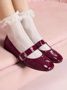 CUCCOO DOLLMOD Wine Red Crinkle Textured Square Toe 1CM Combo Heel Comfortable Flat Shoes For Women - Burgundy - View 3