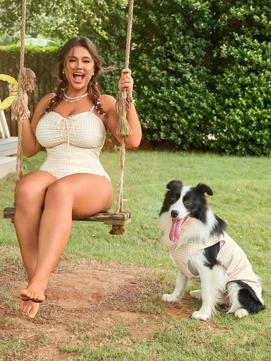 Swim Mod Plus Size Plaid Ruffle Cute Vacation One Piece Swimsuit For Summer