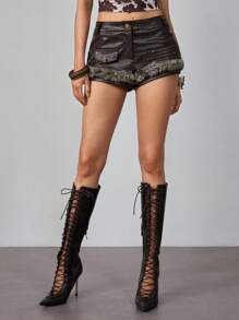 ROMWE Quần short ngắn cạp thấp bằng vải PU chắp vá lông thú phong cách miền Tây Y2K Hippie dành cho nữ - màu nâu - Xem 6