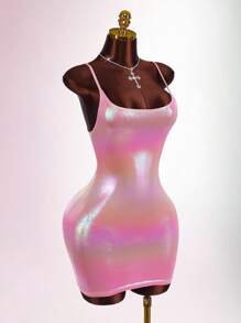 SHEIN X Scot Louie Amplova Đầm ôm body dây mảnh màu nhũ kim loại cho nữ - Hồng - Xem 6