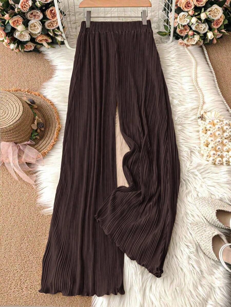 SHEIN Tall Women's Casual Pleated Elastic Waist Wide Leg Pants, Khaki, Spring/Summer Fall Cloth For Women - Brown - View 1