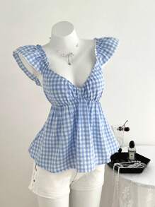 Elamini 女士蓝白格子V领褶皱腰部短袖休闲衬衫，夏季 - 藍白色 - 查看 4