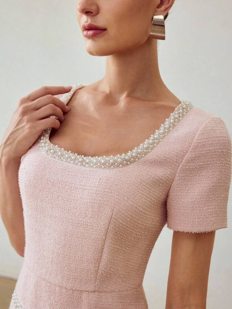 TWEED FAUX PEARL BEADED SQUARE NECK DRESS WITHOUT BELT