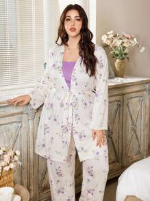 CottageSlumber 3pcs Plus Size Women's Floral Knitted Cami Top, Pants And Robe Set  Cozy And Elegant Details, Fall & Winter Clothes - Mauve Purple - View 5