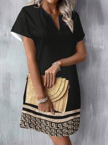 SHEIN LUNE Casual Pattern V-Neck Short Dress For Women, Suitable For Spring/Summer Suitable For Going Out Vacation Dress Chic Dress