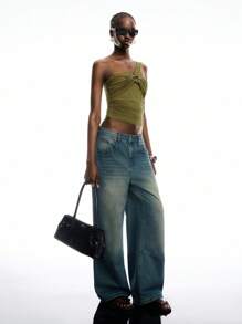 LYSMO Áo crop top nhún bèo màu trơn thời trang mùa hè dành cho nữ - Màu xanh Ô liu - Xem 8