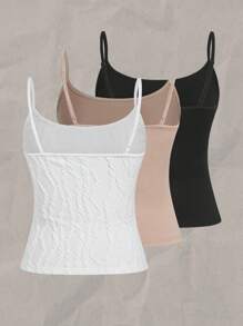 SHEIN EZwear 女士纹理露脐吊带背心，性感修身，适合夏季、返校季、春假、闺蜜旅行，3 件装背心，女士吊带背心，女士上衣，中性色上衣 - 彩色 - 查看 2