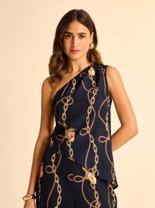 CAJUNI Women's Boho Vacation Casual Tropical Lemon & Golden Chain Print, Asymmetric Black Asymmetrical Neck Blouse - Multicolor - View 5