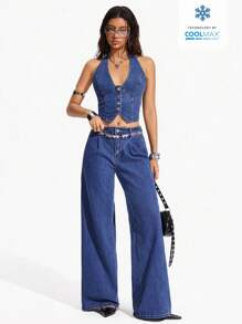 Flexra Conjunto casual de top de halter de unicolor con botones en la espalda y pantalones largos de mezclilla