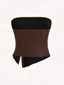 Siren Gaze Top de mujer de moda con volantes, bajo asimétrico y acampanado, adecuado para salir y fiestas, top de Navidad con volante, de PU, con abertura lateral y bajo tipo bandeau