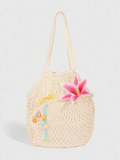 Fairycore 1 pieza Bolso de hombro grande con capacidad de estilo tropical, de océano, vacaciones y decoración de flor de lirio tejido con diseño calado para mujeres