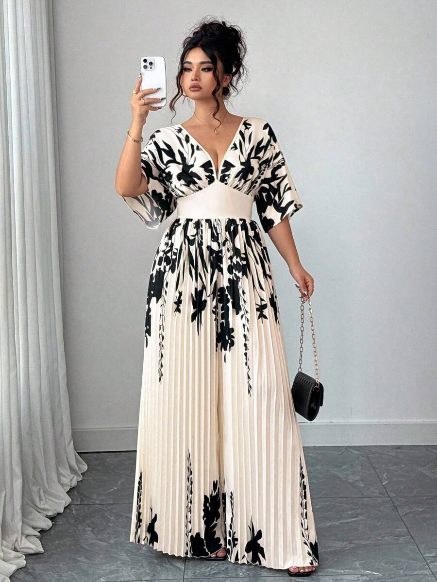 Elenzga 女式印花深V领蝙蝠袖褶皱优雅连体裤商务休闲夏季女装西装 - 彩色 - 查看 1