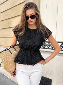 Chiquease 女式圆领时尚休闲刺绣落肩收腰衬衫 - 黑色 - 查看 1