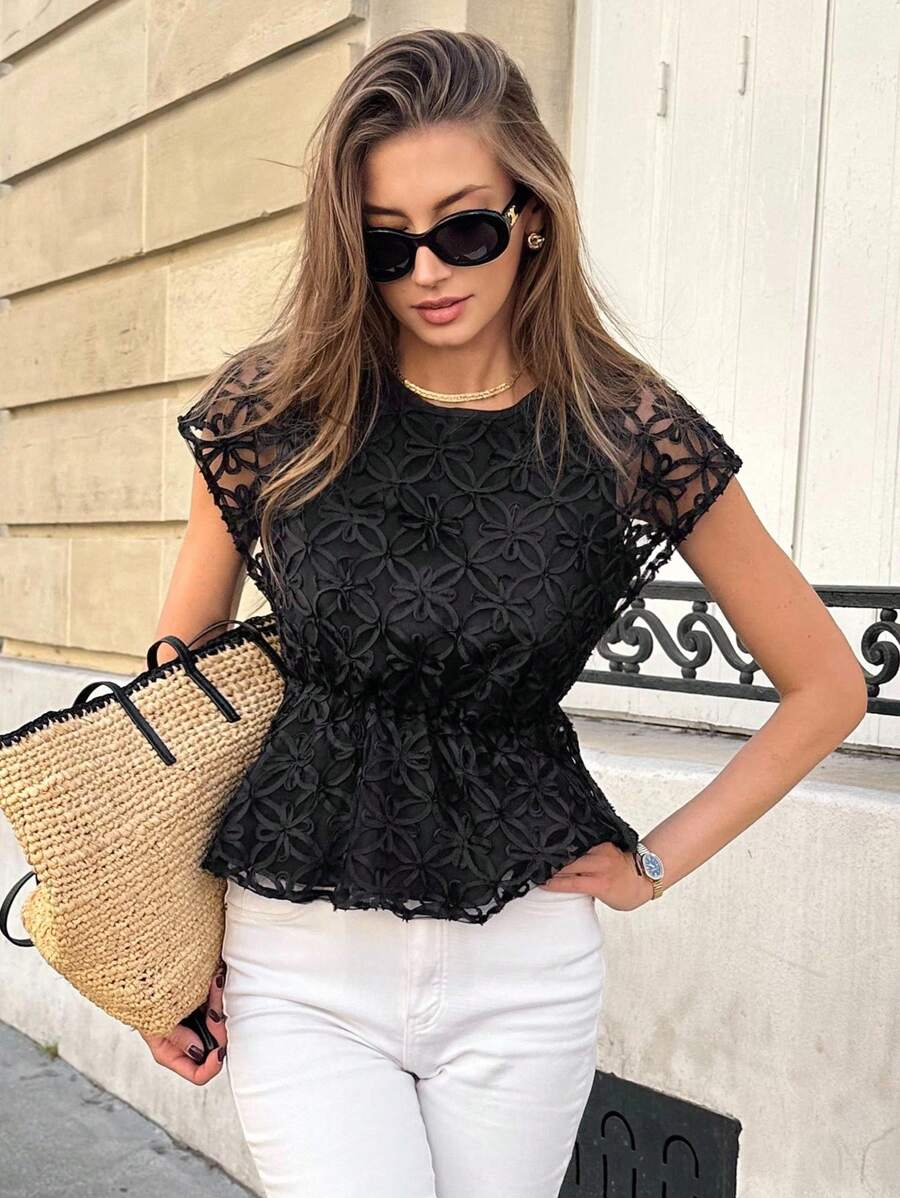 Chiquease 女式圆领时尚休闲刺绣落肩收腰衬衫 - 黑色 - 查看 1