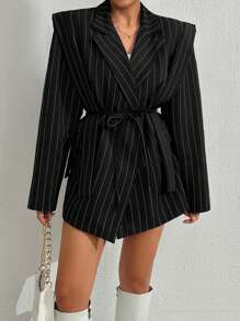 EURMUSE Women's Navy Striped Casual Blazer Jacket - Black - View 7