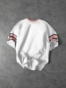 SHEIN 少女休闲运动风T恤，23码，经典城市名称文字印花，条纹点缀，酷炫标语印花宽松落肩短袖T恤，适合秋冬季穿着 - 白色 - 查看 2