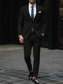 Manfinity Mode 男士纯色拼布前扣长袖夹克和裤子套装，男士纯色宽松翻领西装外套和斜口袋裤子套装男士西装正式男士西装男士正装西装男士婚礼西装 - 黑色 - 查看 5