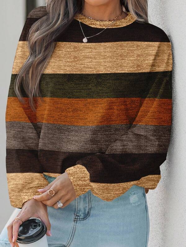 SHEIN LUNE Plus Size Casual Minimalist Textured Striped Print Sweatshirt