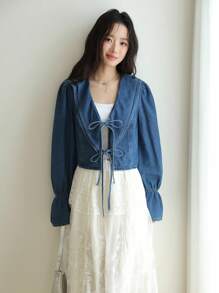 SHEIN EZwear 女士秋季领带长袖牛仔夹克，荷叶边开衫夹克，韩版风格，返校节礼服，女士秋季服装，复古风格女士 - 中等水洗藍 - 查看 3