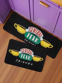 FRIENDS X SHEIN 1 pieza Felpudo de cocina antideslizante e impermeable con patrón de taza de café de dibujos animados, fácil de limpiar, disponible en dos tamaños, color negro resistente a la suciedad