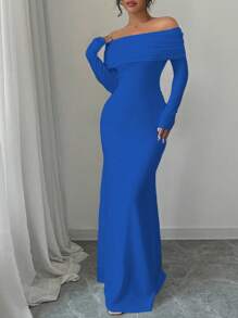 Rafferiza Royal Blue Elegant Off The Shoulder Maxi Dress Women Autumn Long Sleeve Bodycon Backless Ribbed Knit Fishtail Hem Dining Outfit Fitted Dress - Royal Blue - View 3