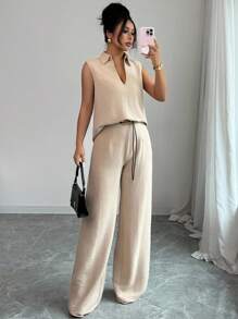 Rafferiza Conjunto de 2 piezas para mujer de top sin mangas con escote en V y pantalones rectos con cinturón decorativo, estilo casual y versátil, para primavera/verano - Caqui - Ver 4
