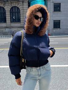 DAZY 女士毛领连帽长袖短款修身休闲街头厚棉服外套，秋冬夹克 - 藍色 - 查看 4