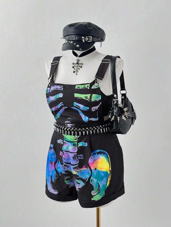 Sunspun Women's Colorful Skeleton Punk Style Sleeveless Shorts With Suspenders