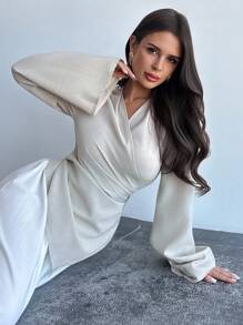 Firerie 女式裹身设计系带长袖衬衫上衣和松紧腰长款 A 字裙套装，浪漫优雅的通勤、正式、波西米亚风、约会、婚礼、工作装 - 彩色 - 查看 6