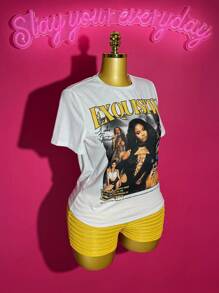 Slaydiva 2pcs Women Summer Casual Street Style Outfit: Loose Round Neck Short Sleeve Printed Tee + Yellow Textured Mesh Mini Shorts, Suitable For Easter, Music Festivals, Everyday Wear, Parties, Christmas, Valentine's Day, Dates, Beach, Cruise, Carnival, Street Fashion Y2k 2 Pieces Set - Multicolor - View 7