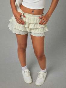 SHEIN PETITE Women's Jacquard Multilayer Ruffle Hem Skorts Shorts - Apricot - View 7