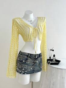 SHEIN Unity Áo len cardigan dài tay khoét lỗ màu trơn cho nữ, đa năng - Màu vàng - Xem 4