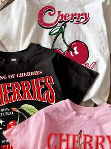 SHEIN EZwear Plus Size 3pcs/Set Cherry Pattern Graphic Tees In Black, White, Pink For Summer  Multiple Pieces Suitable For Going Out - Multicolor - View 3