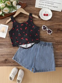 Bộ 2 món áo không tay in họa tiết quả anh đào và quần short thời trang thường ngày cho bé gái tuổi teen - màu đen - Xem 2