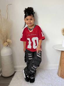 年轻女孩休闲街头风V领宽松短袖衬衫红色球衣足球T恤 - 紅色 - 查看 3