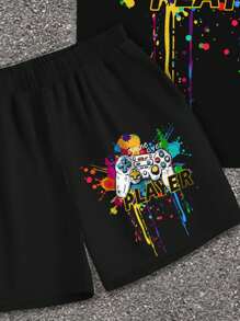 SHEIN 2 件套休闲青少年男孩彩色图形游戏控制器印花 T 恤和短裤套装（夏季） - 黑色 - 查看 6