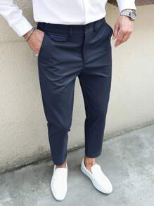 Manfinity Mode Pantalones casuales rectos y holgados de color liso para hombres con bolsillos - Azul Marino - Ver 1
