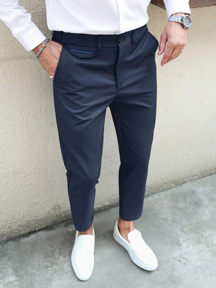 Manfinity Mode Pantalones casuales rectos y holgados de color liso para hombres con bolsillos - Azul Marino - Ver 1