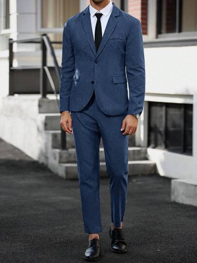 Manfinity Mode Men's Solid Color Patchwork Button Front Long Sleeve Jacket And Pants Set, Men's Solid Color Relaxed Lapel Blazer And Bias Pocket Pants Set Suits For Men Men Dress Suit Wedding Suits For Men Men Dress Suits Dress Suits For Men Formal
