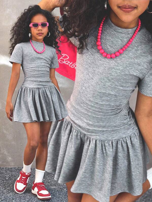 Coolane Kids Tween Girl Mock Neck Ruched Slim Fit Tee & Ruffle Hem Skirt,Back To School,Y2K,Streetwear,Summer/Fall