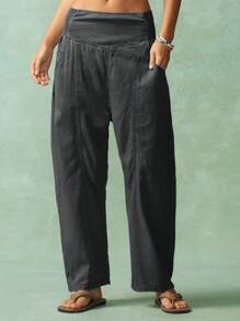 Bohemela 女式休闲简约纯色百搭梭织锥形裤 - 黑色 - 查看 3