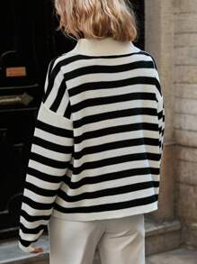 EURMUSE 女士条纹 Polo 领落肩套头衫 - 黑與白 - 查看 7