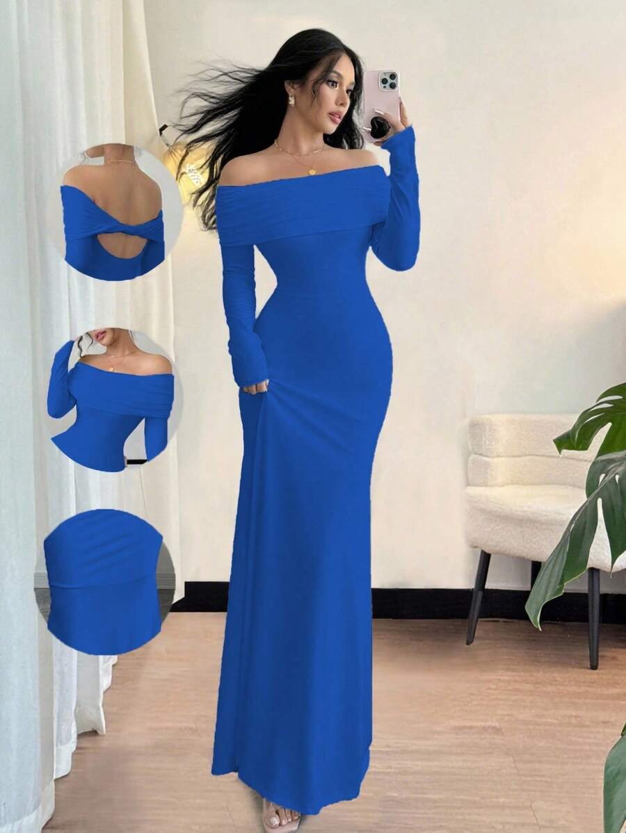 Rafferiza Royal Blue Elegant Off The Shoulder Maxi Dress Women Autumn Long Sleeve Bodycon Backless Ribbed Knit Fishtail Hem Dining Outfit Fitted Dress - Royal Blue - View 1
