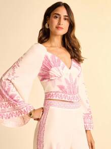 CAJUNI Women Boho Tropical Pink Coconut Tree Plant Print V-Neck Flare Sleeve Blouse - Multicolor - View 1