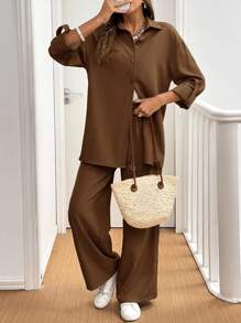 SHEIN Frenchy 女式纯色翻袖单排扣衬衫和裤子两件套休闲装 - 巧克力棕 - 查看 5