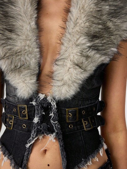 Hippie Y2K Detachable Faux Fur Collar Denim Jacket For Women